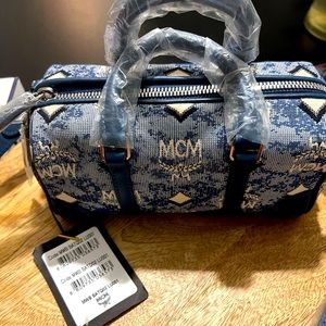 MCM Boston Vintage Jacquard Monogram Canvas & Leather Blue Shoulder Bag